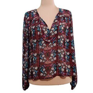Forever 21 L Sheer Floral Boho Blouse Long Sleeve Tie Neck Romantic Cottagecore